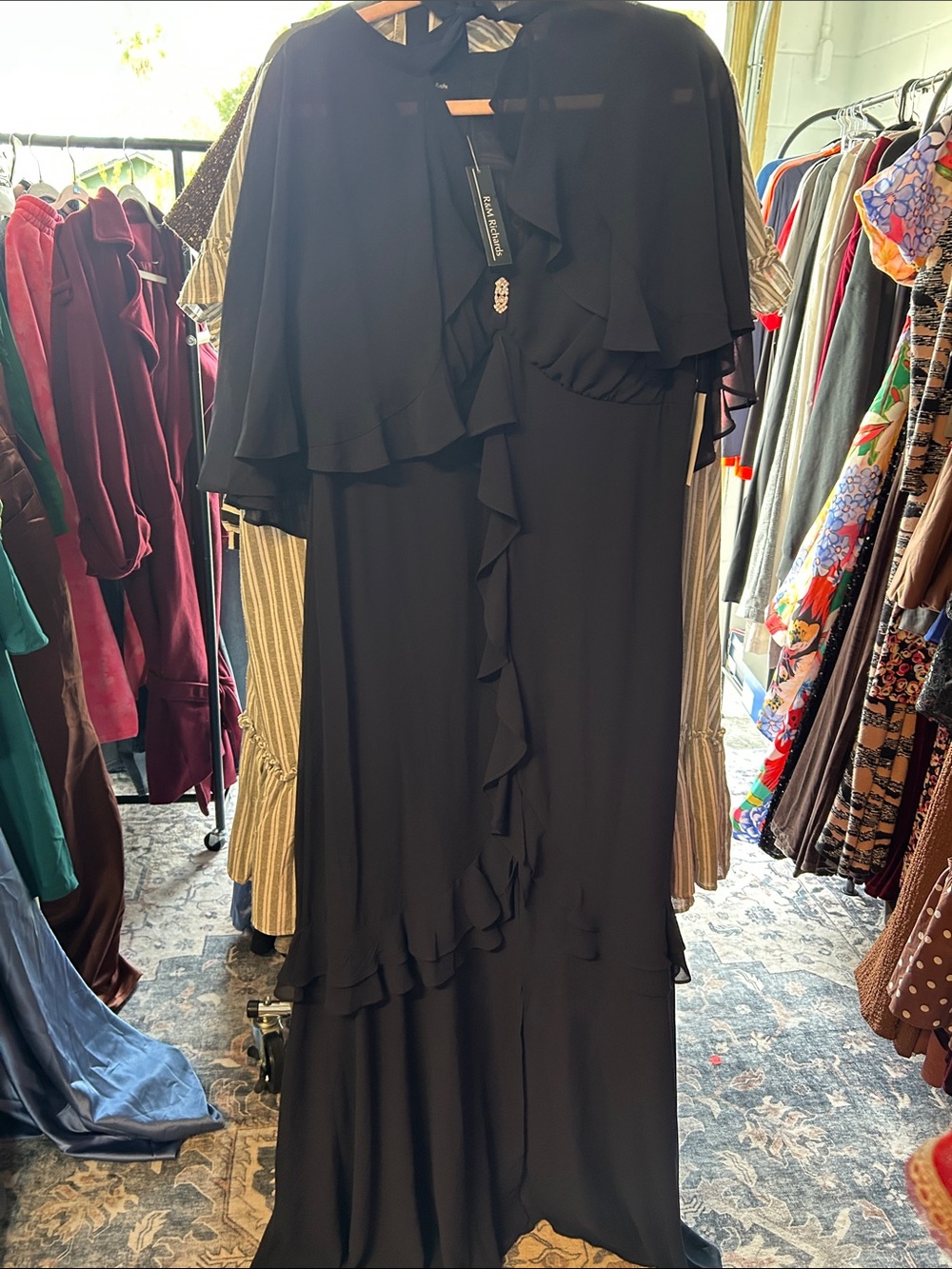 R&M Richards Black Ruffle Maxi Dress with Cape Overlay